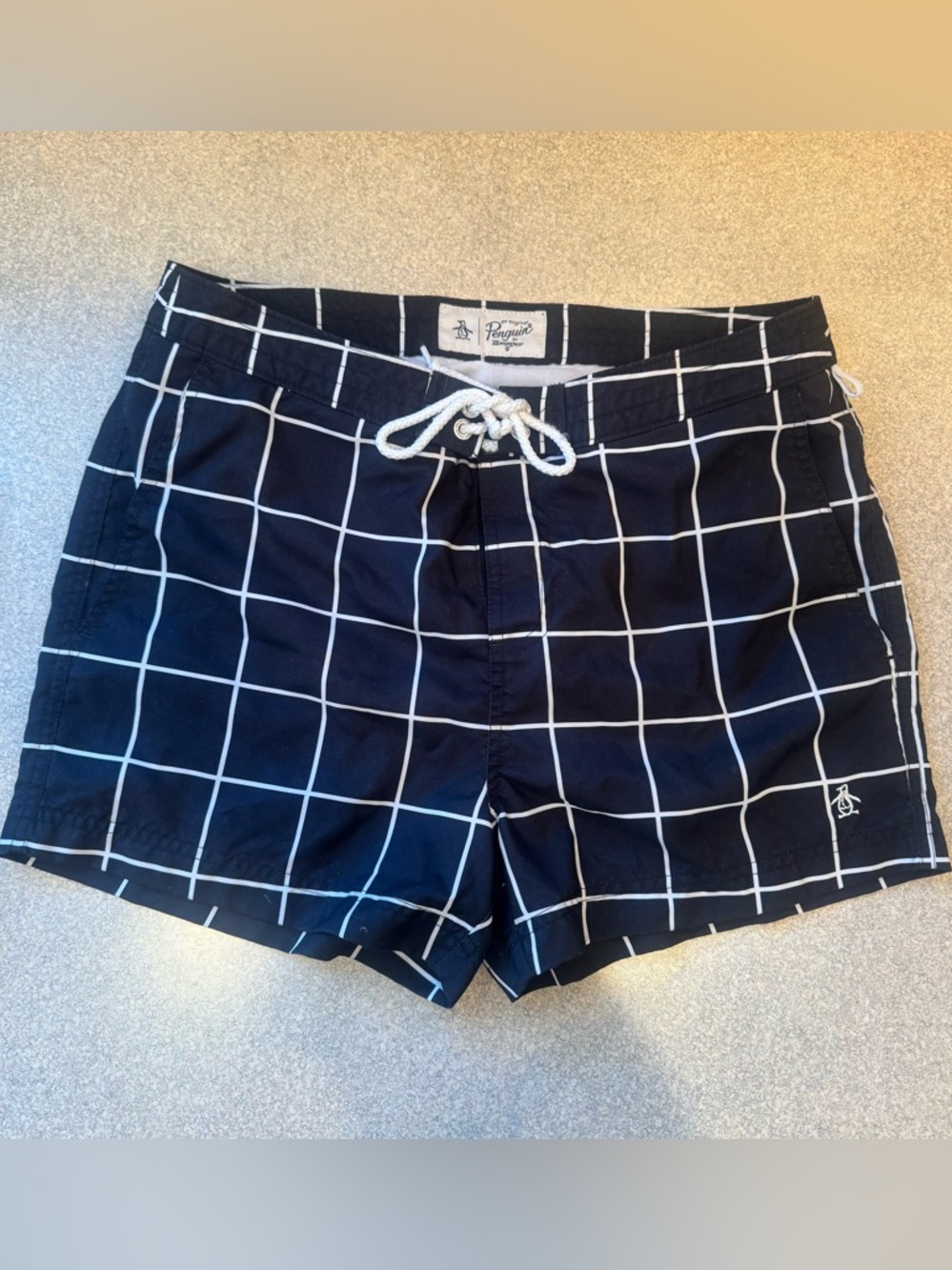 Original Penguin Navy and White Grid Swim Trunks